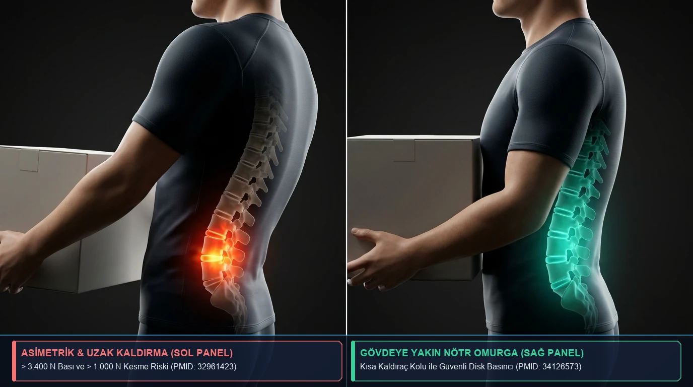 Öne eğilerek ve gövdeyi döndürerek yapılan kaldırma hareketlerinde alt bel disklerine binen dikey bası ve kayma kuvvetleri