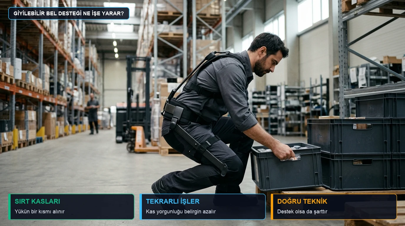 Lojistik deposunda giyilebilir bel destekli dış iskelet kullanarak alçak paletten kasa kaldıran çalışan