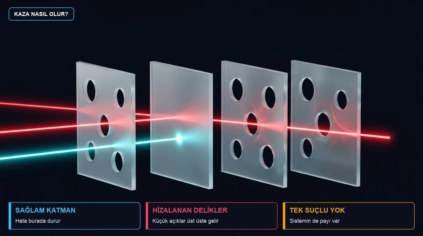 Üst üste gelen delikli savunma katmanlarından geçen kırmızı hata çizgisi: İsviçre Peyniri modeli