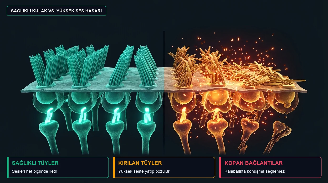 Solda sağlıklı dik iç kulak tüy hücreleri ve sağlam sinir bağlantıları, sağda yüksek sesle kırılmış tüyler ve kopan bağlantılar