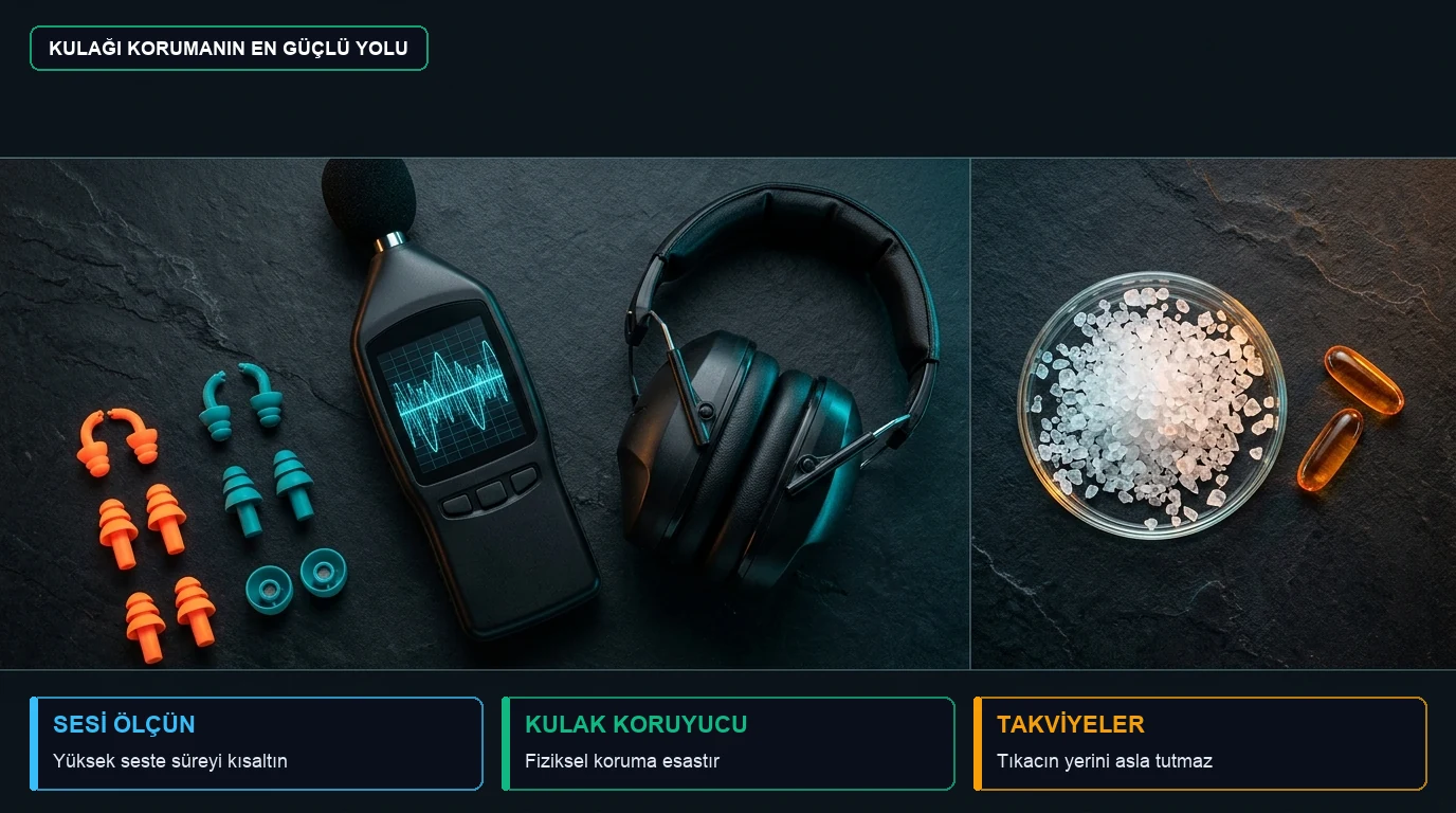Solda ses ölçer, kulak tıkaçları ve koruyucu kulaklık; sağda destekleyici mineral ve kapsüller