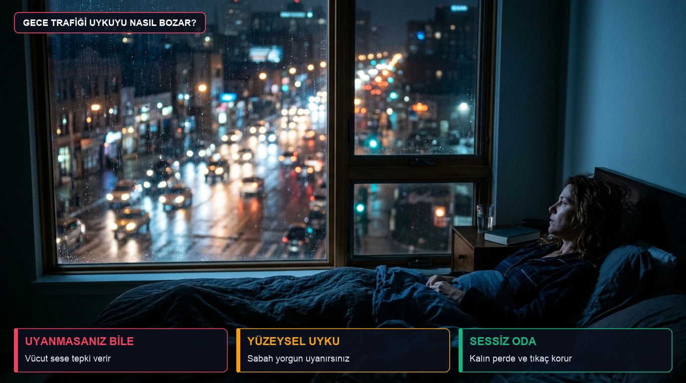 Yağmurlu gecede cadde trafiğine bakan yatak odasında uykusu bölünmüş halde yatan kişi