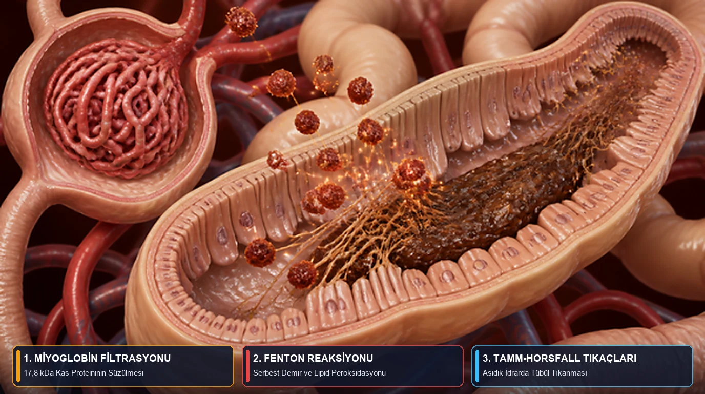17,8 kDa miyoglobin proteininin böbrek nefronunda yarattığı üçlü hasar: nitrik oksit süpürülmesiyle damar büzülmesi, Fe2+/Fe3+ Fenton lipid peroksidasyonu ve asidik idrarda Tamm-Horsfall tübül tıkanması