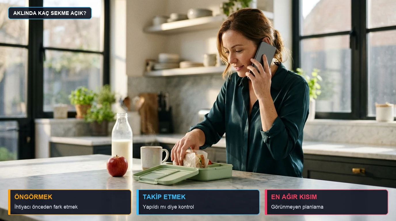 Sabah mutfakta bir yandan beslenme çantası hazırlarken bir yandan telefonla randevu görüşmesi yapan anne