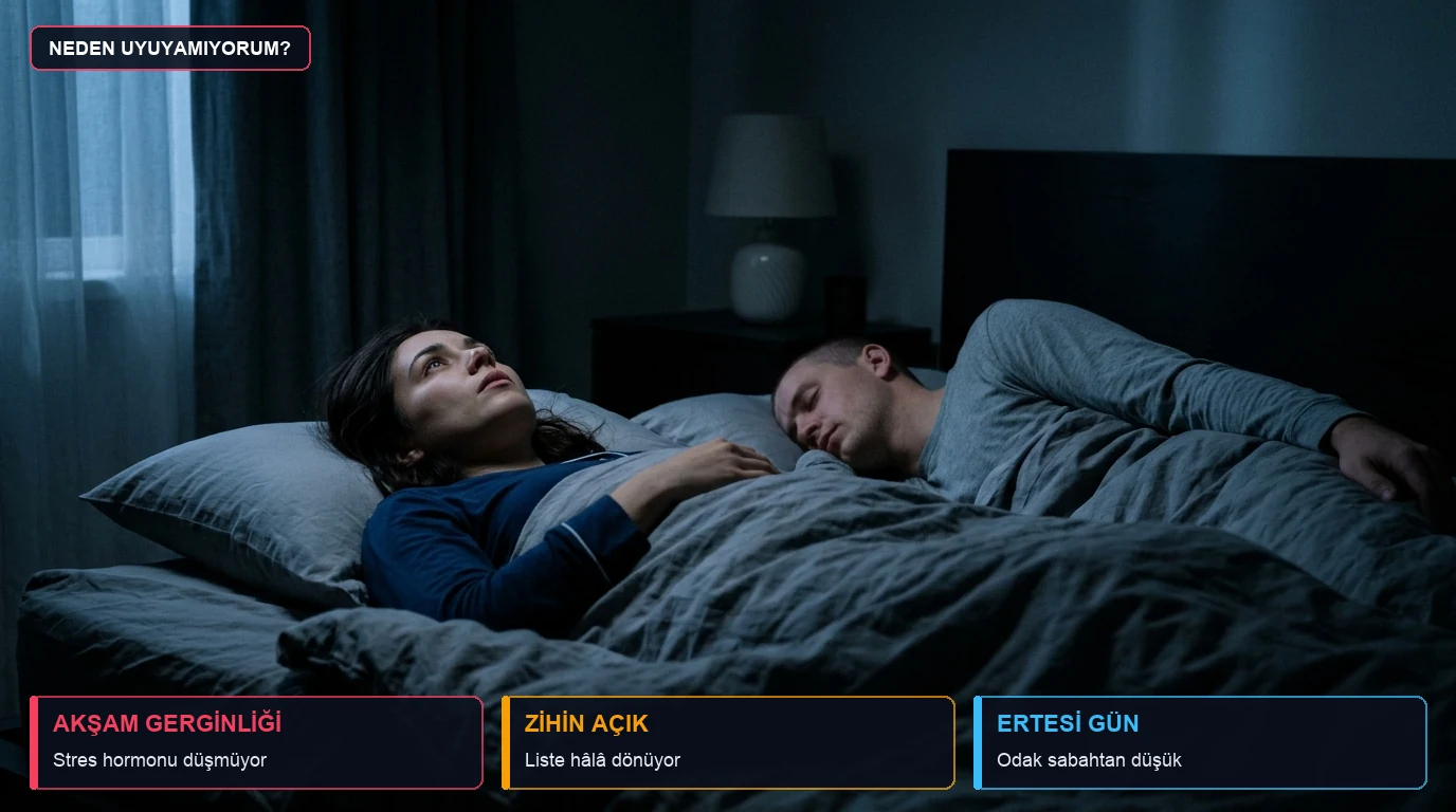 Gece yatakta eşi uyurken tavana bakarak yarının işlerini düşünen uykusuz kadın