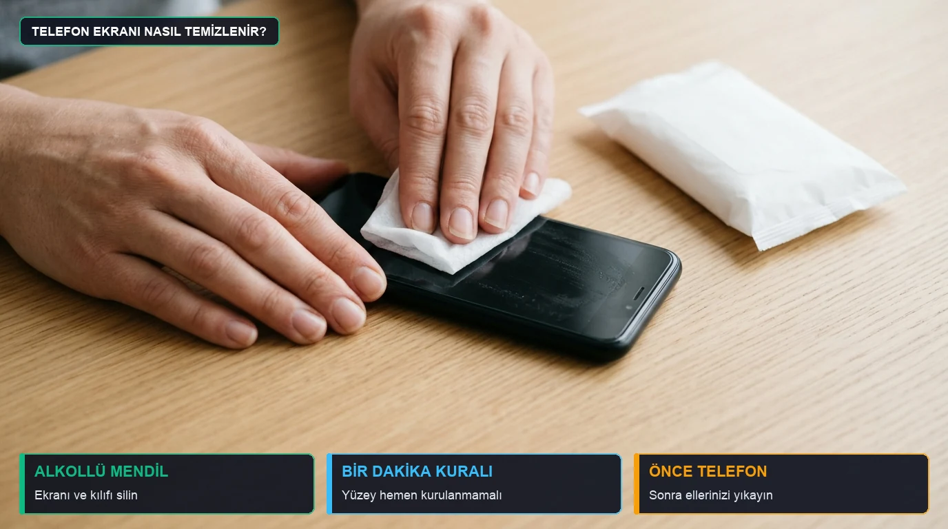 Ahşap masa üzerinde akıllı telefon ekranını alkollü dezenfektan mendille dikkatlice silen eller
