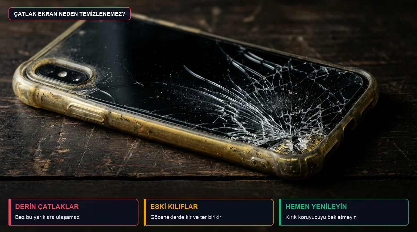 Masada duran ekran koruyucusu çatlamış ve şeffaf silikon kılıfı sararıp yıpranmış akıllı telefon