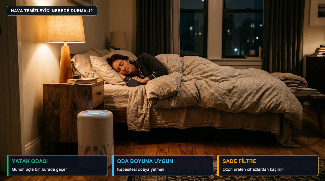 Gece yatak odasında komodinin yanında sessizce çalışan beyaz HEPA filtreli hava temizleyici ve uyuyan kişi