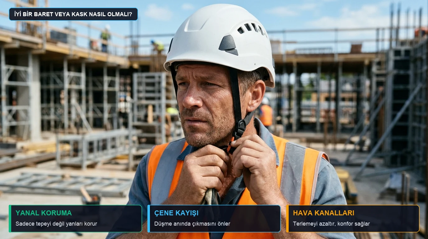 Şantiyede havalandırma kanallı modern beyaz baretinin çene kayışını özenle bağlayan çalışan
