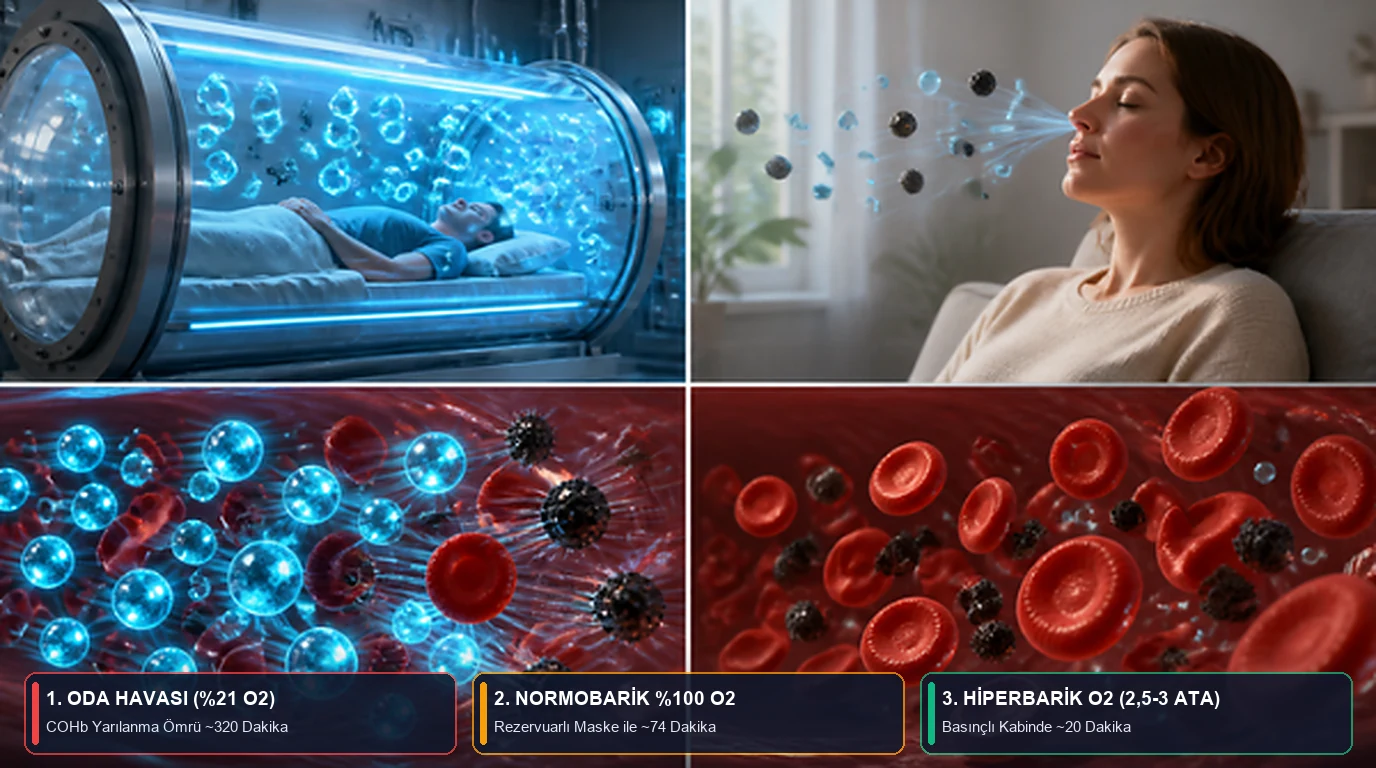 Karbonmonoksit zehirlenmesinde oda havası (320 dk), %100 normobarik oksijen (74 dk) ve 2,5-3,0 ATA hiperbarik oksijen (20 dk) altında COHb yarı ömrü ve Weaver (2002) bilişsel sekel azalması