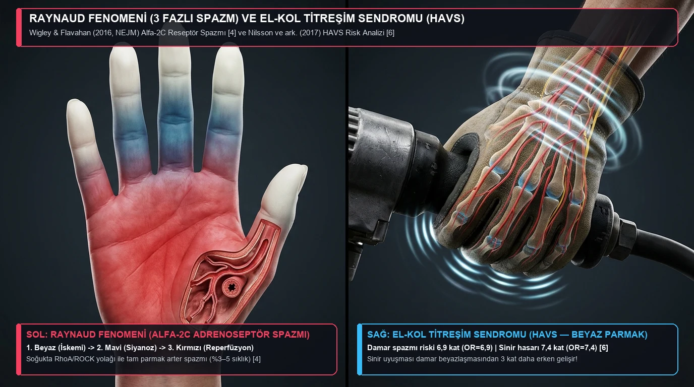 Raynaud durumunda parmaklardaki beyaz, mor ve kırmızı renk değişimi ile titreşimli el aleti kullananlarda damar ve sinir hasarı riski