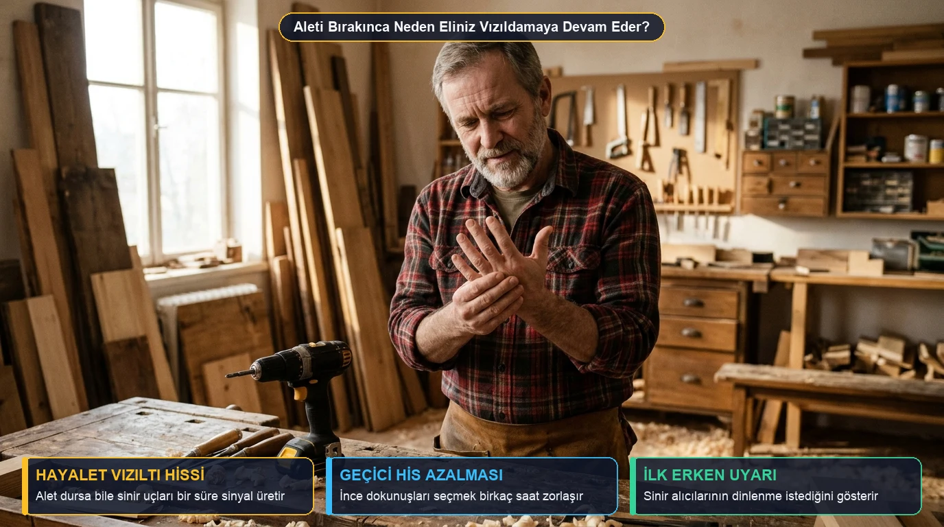 Ev atölyesinde darbeli matkabı masaya bıraktıktan sonra karıncalanan sağ avucunu ve parmak uçlarını ovuşturarak dinlendiren çalışan