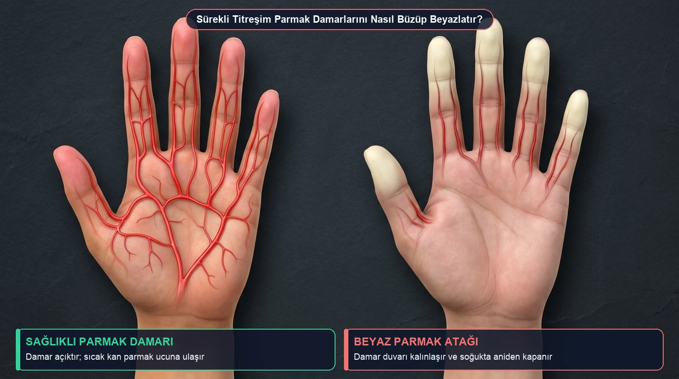 Solda açık damarlı ve pembe parmak uçlu sağlıklı el, sağda damarları büzülmüş ve uçları bembeyaz kesilmiş el karşılaştırması
