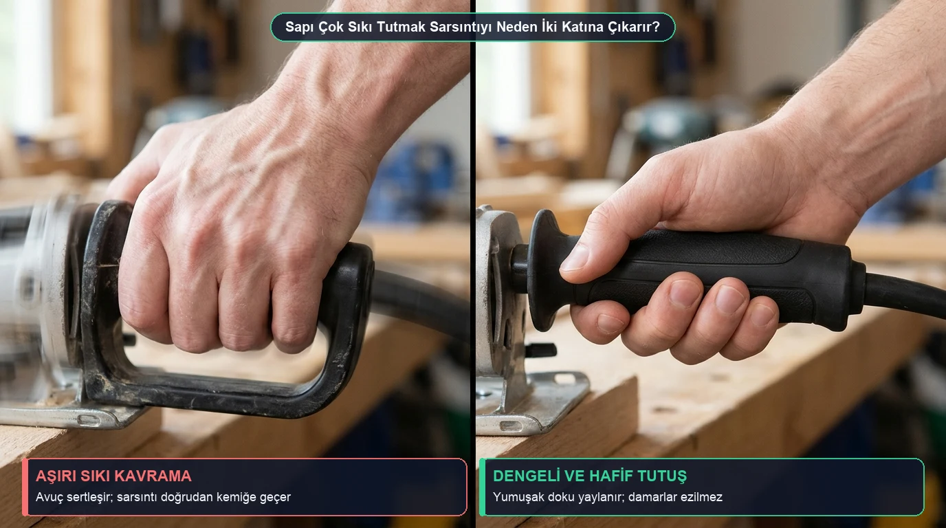 Solda alet sapını eklemleri beyazlayacak kadar aşırı sıkan el, sağda kauçuk kaplı sapı dengeli ve gevşek kavrayan el karşılaştırması