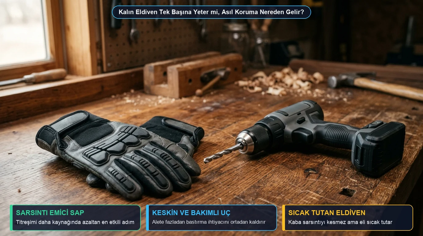 Ahşap çalışma tezgâhı üzerinde sarsıntı emici kauçuk saplı modern el aleti, keskin matkap ucu ve eli sıcak tutan dolgulu iş eldivenleri
