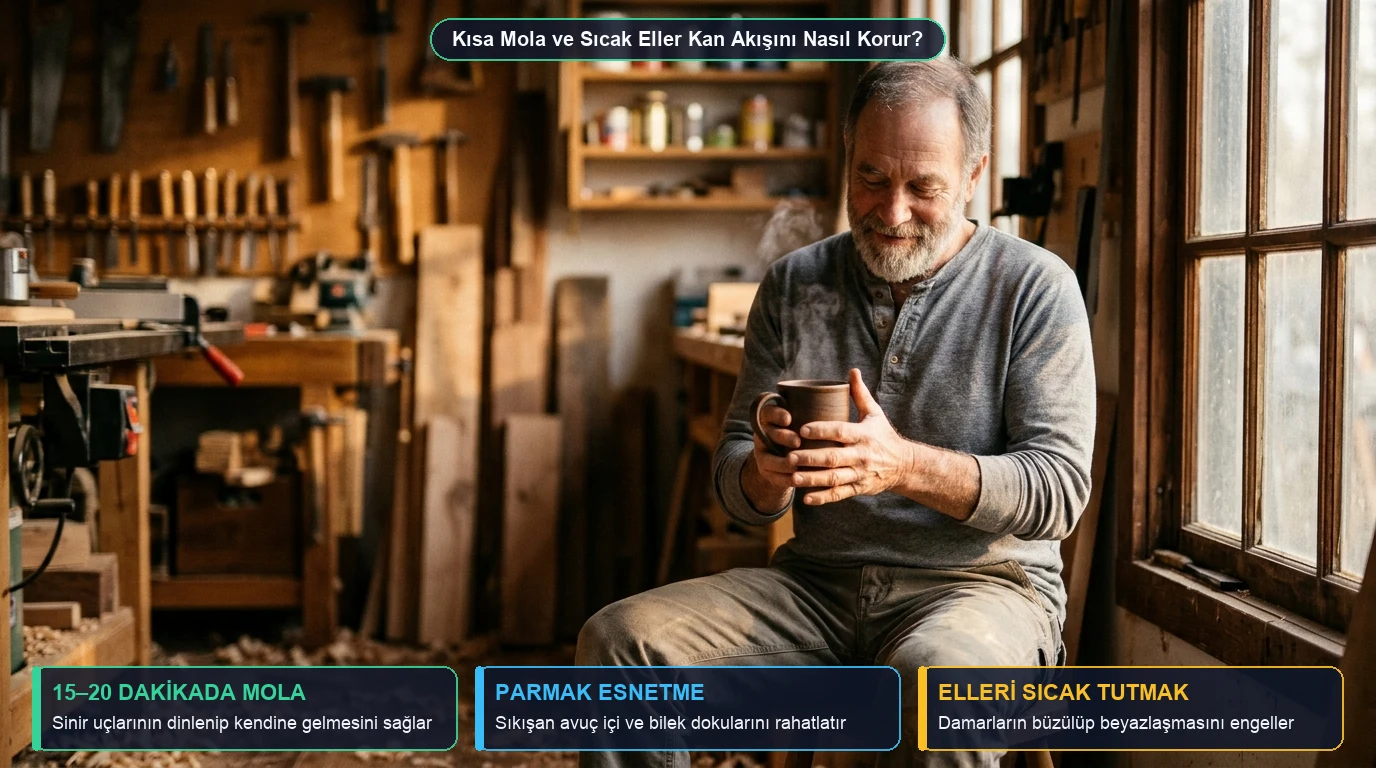 Aydınlık bir atölyede çalışma arasında mola verip bir elinde sıcak çay kupası tutarken diğer elinin parmaklarını açıp esneten usta